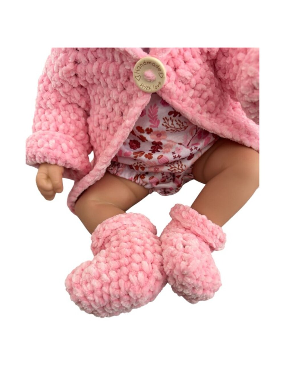 Handmade Pink Chenille Newborn Baby Hoodie & Booties Set Bear Ears Soft Plush - Picture 5 of 16